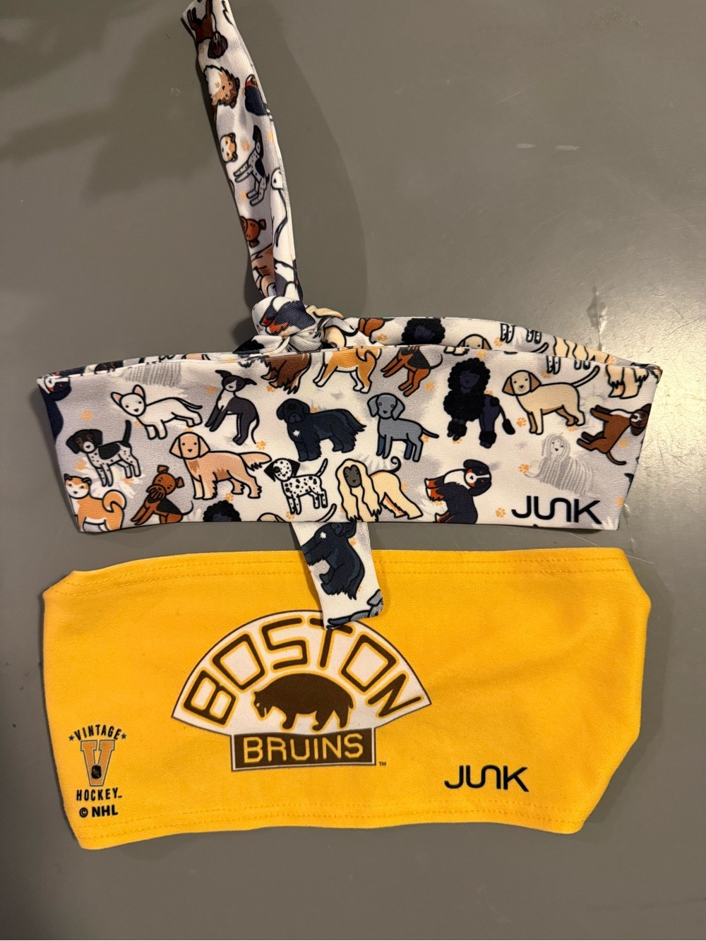“Junk” brand Headbands — Yellow Bruins & White Dog Print